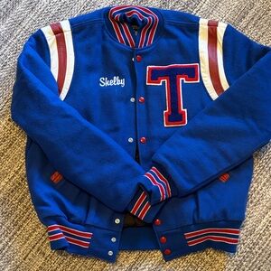 Vintage Preppy Holloway Blue and Red Wool/Leather Varsity Pom Letterman Jacket